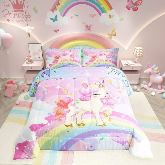 Unicorn Bedding Set Full Kawaii Cute Rainbow Unicorn Comforter Set Cartoon Horse Quilt Comforter Galaxy Stars Magical Pink Unicorn Animal Room Decor 1 Comforter + 2 Pillowcase