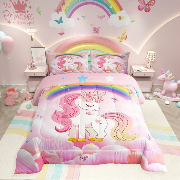 Unicorn Bedding Set Full Size Cute Rainbow Unicorn Comforter Set Cartoon Kawaii Cute Duvet Set Pink Unicorn Quilt Stars Fantasy Room Decor Teens Reversible