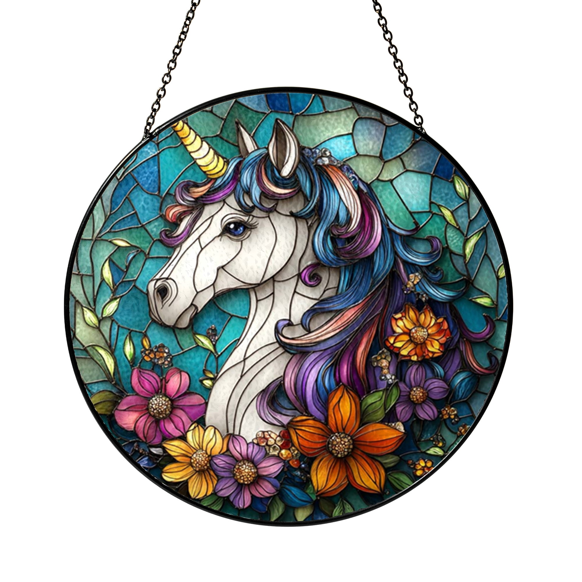 Unicorn Glass Style Ornament Window Hanging, Fantasy Animal Art Panel ...