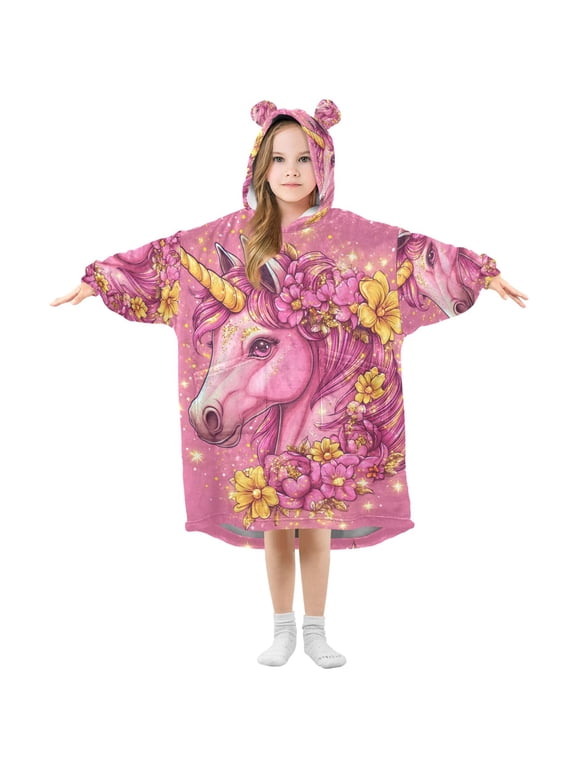 Unicorn Glitter Pattern Kids Wearable Blanket Hoodie Toddler Oversized Sherpa Sweatshirt 3-14 YR S