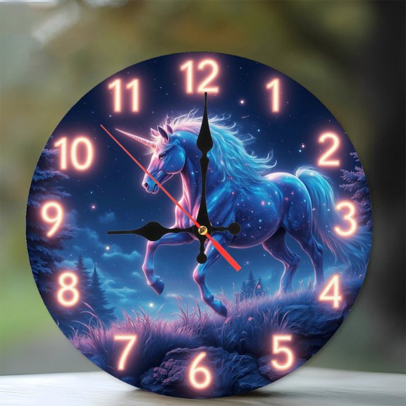 Unicorn Glow Clock 10-Inch Silent Wooden Wall Clock, Battery Operated (AA Batteries Not Included), Artistic Home Decor