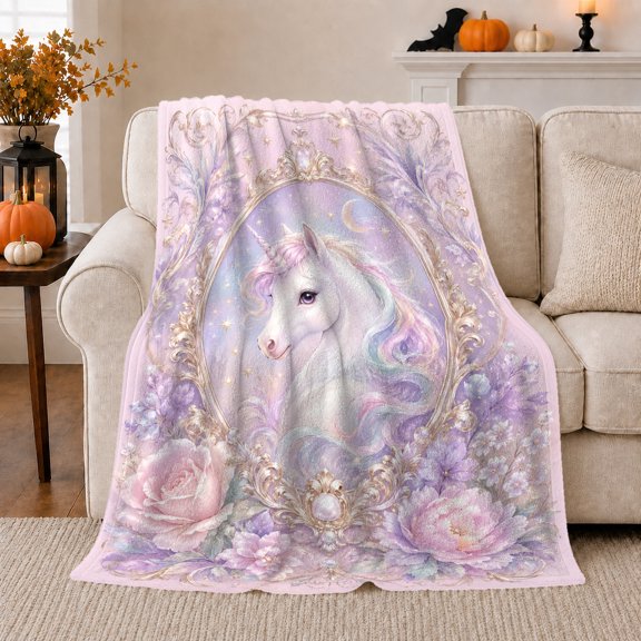 Unicorn Golden Frame Roses Moon Dreamy Ethereal, Mystical Celestial Art Scene, Warm Flannel Blanket for Sunroom and Reading Nook, Celestial Art Lovers Valentine's Day Gift, Fantasy Home Decor