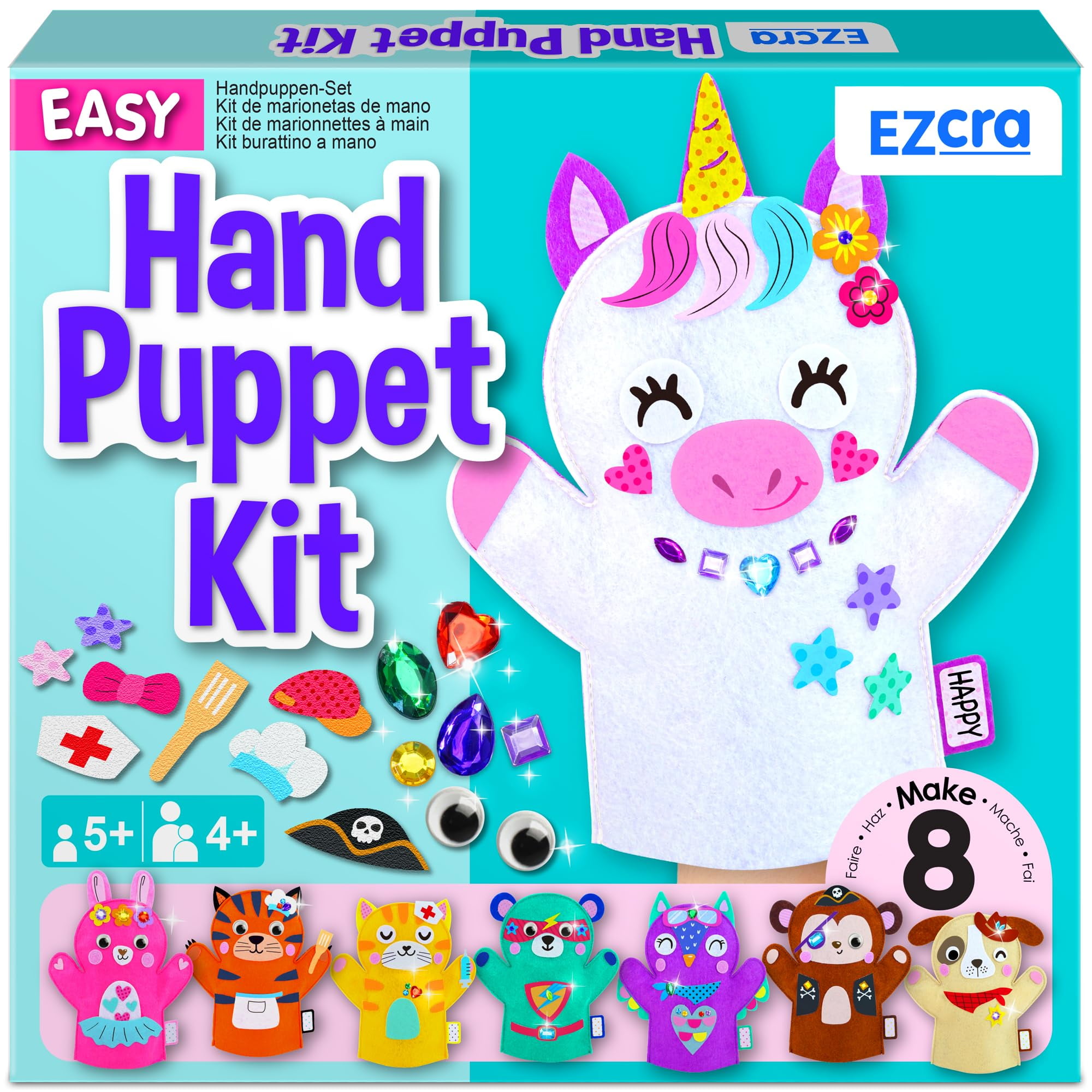 Unicorn Hand Puppet Making Kit for Kids Age 5-8 - DIY Puppet Making Craft Kit - Creative Arts & Crafts Set, Educational Gift - 8 Projects, Extra Stickers for Decoration