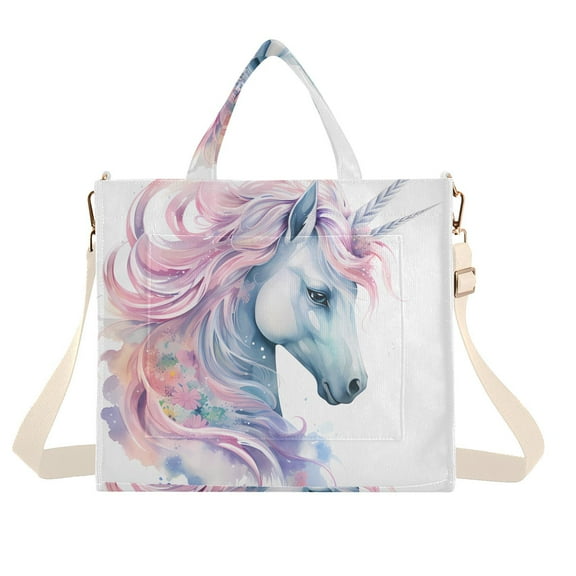 Unicorn Head Corduroy Tote Bag Handbag Large Messenger Bag Shoulder Crossbody Zipper Bag Purse