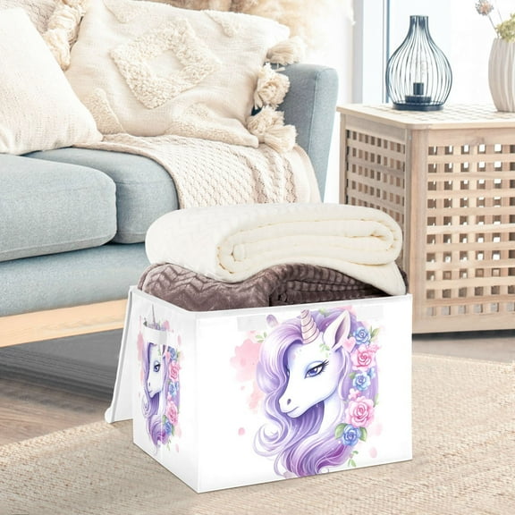 Unicorn Head Flowers Hair Storage Basket Foldable Laundry Basket Shelf Kids Toy Storage Container Organizer with Handles