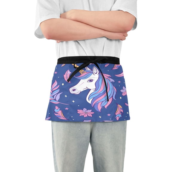 Unicorn Head and Leaf Server Apron with 3 Pockets Waterproof Waitress Waist Short Apron for Man Woman 12 Inches