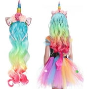 Unicorn Headband with Curly Hair Piece for Girls, Unicorn Party Supplies Rainbow Flowers Kids Hair Decorations Accessories