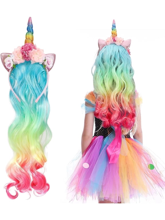 Unicorn Headband with Curly Hair Piece for Girls, Unicorn Party Supplies Rainbow Flowers Kids Hair Decorations Accessories