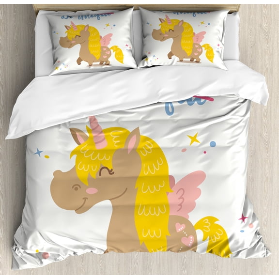 Unicorn Home and Kids Decor King Size Duvet Cover Set, Funny Feminine Inspirational Fantasy Horse with Sacred Cartoon Art, Decorative 3 Piece Bedding Set with 2 Pillow Shams, Multi, by Ambesonne