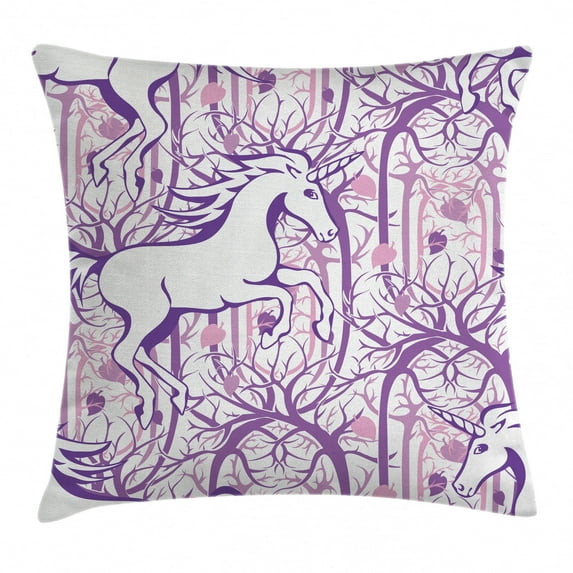 Unicorn Home and Kids Decor Throw Pillow Cushion Cover, Unicorn Galloping on Curved Swirled Tree Branches in Forest Design, Decorative Square Accent Pillow Case, 20 X 20 Inches, Purple, by Ambesonne