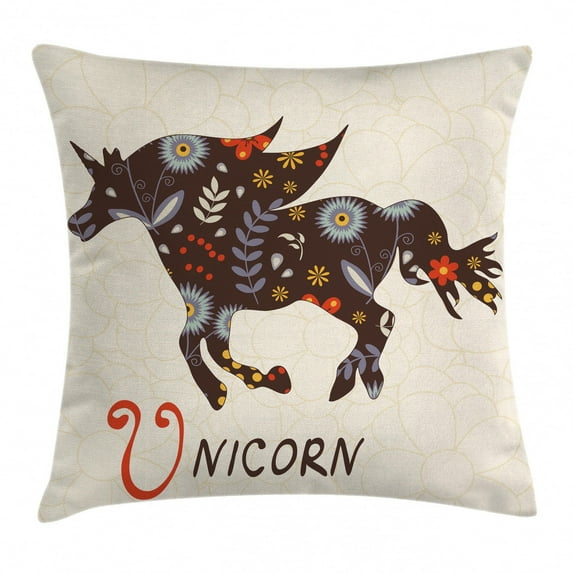 Unicorn Home and Kids Decor Throw Pillow Cushion Cover, Silhouette Made with Ethnic Oriental Ornate Floral Effects Boho Art, Decorative Square Accent Pillow Case, 16 X 16 Inches, Multi, by Ambesonne