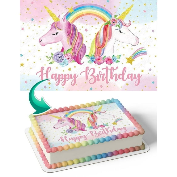 Unicorn Horse Rainbow Happy Birthday Edible Image Cake Topper For Quarter Sheet Cake By TNCT