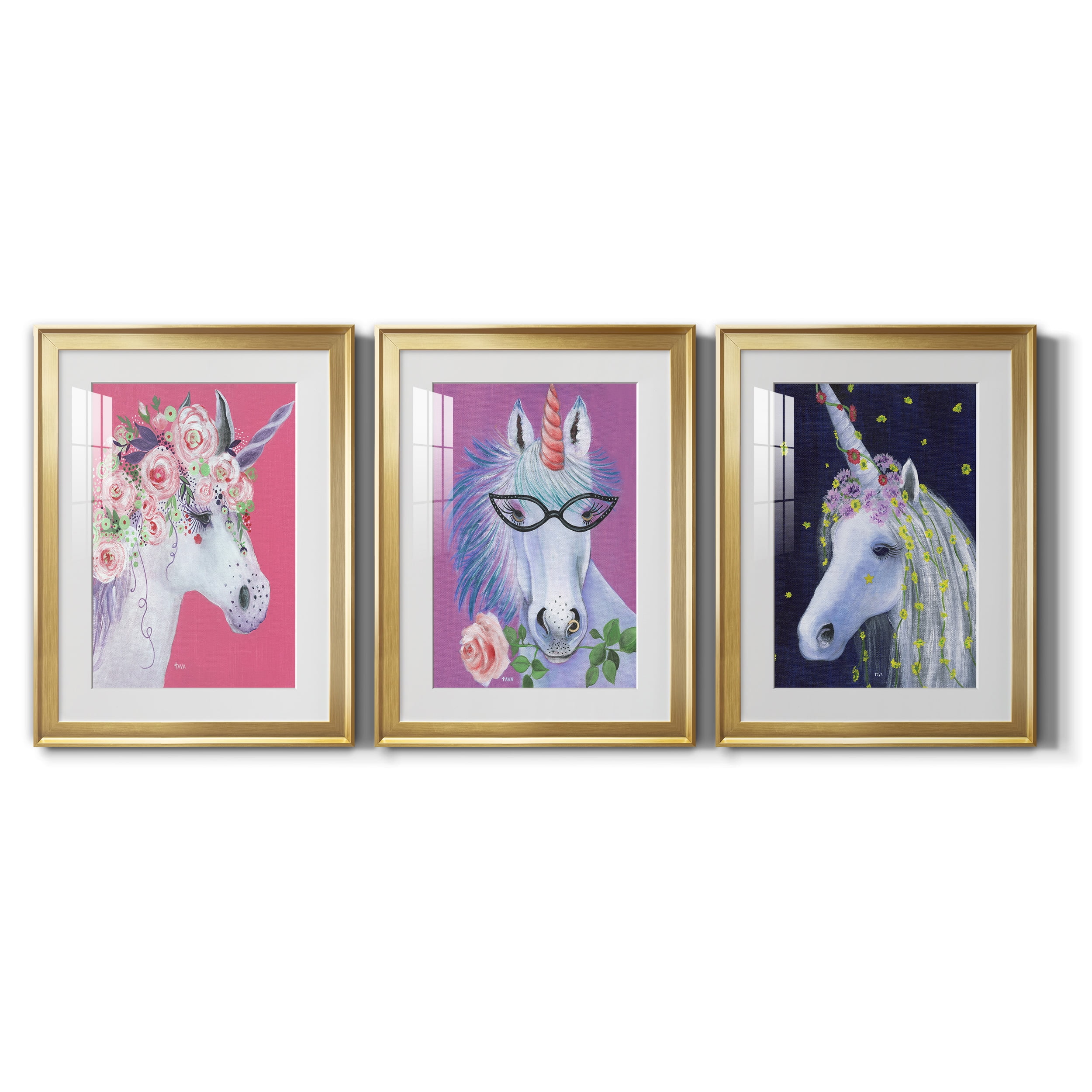 Unicorn II Premium Framed Prints Set of 3 - Ready to Hang - 18 x 24 Each - Gold Frame