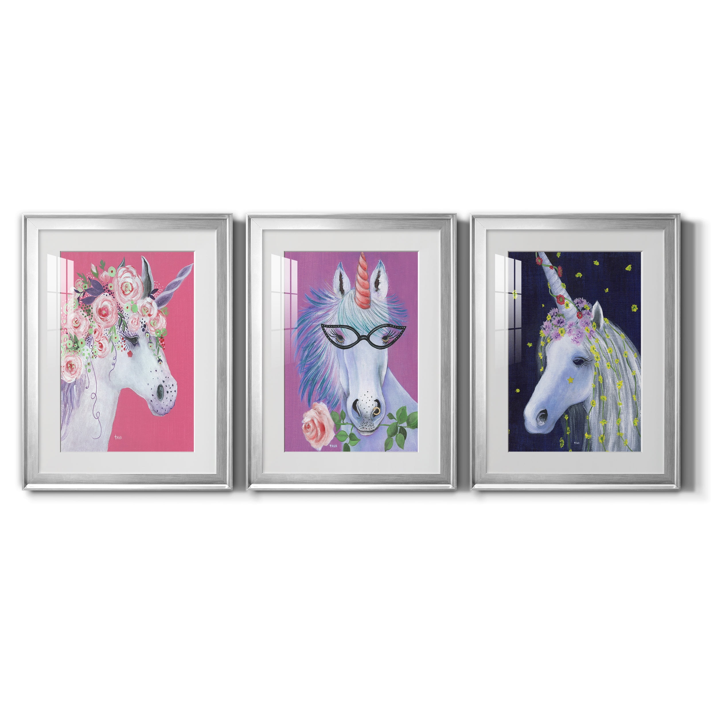 Unicorn II Premium Framed Prints Set of 3 - Ready to Hang - 18 x 24 Each - Silver Frame
