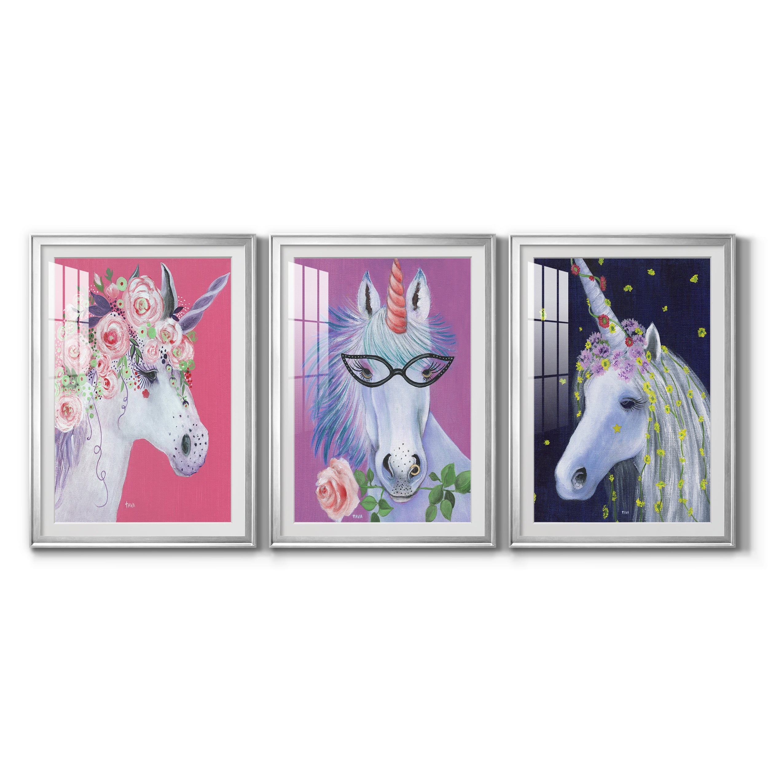 Unicorn II Premium Framed Prints Set of 3 - Ready to Hang - 26.5 x 36.5 Each - Silver Frame