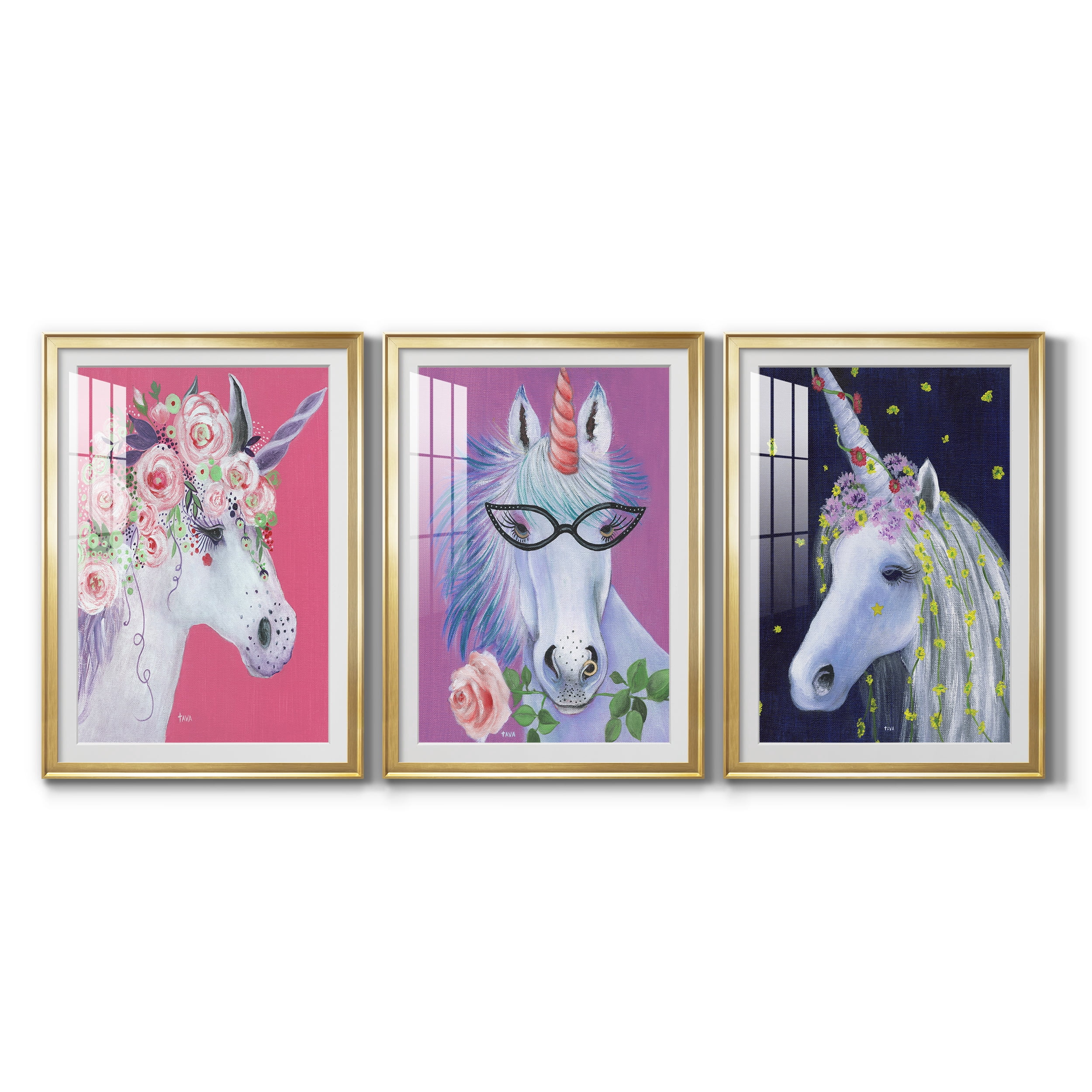 Unicorn II Premium Framed Prints Set of 3 - Ready to Hang - 30.5 x 42.5 Each - Gold Frame