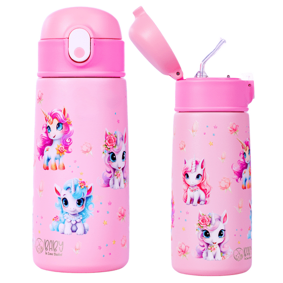 Unicorn Insulated Water Bottle for Kids - 16 oz Stainless Steel, BPA Free, Dishwasher Safe, with Silicone Straw - Keeps Cold 24 Hrs, Hot 12 Hrs - Perfect for School, Travel, Sports