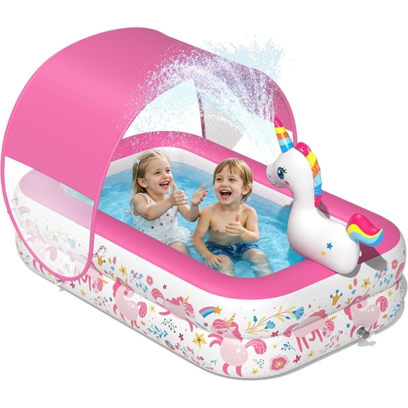 Unicorn Kiddie Pool with Canopy and Sprinkler, Inflatable Baby Pool with Soft Cushioned Floor, Portable Toddler Blow Up Pool Ball Pit for Backyard, Outdoor/Indoor Play Toys