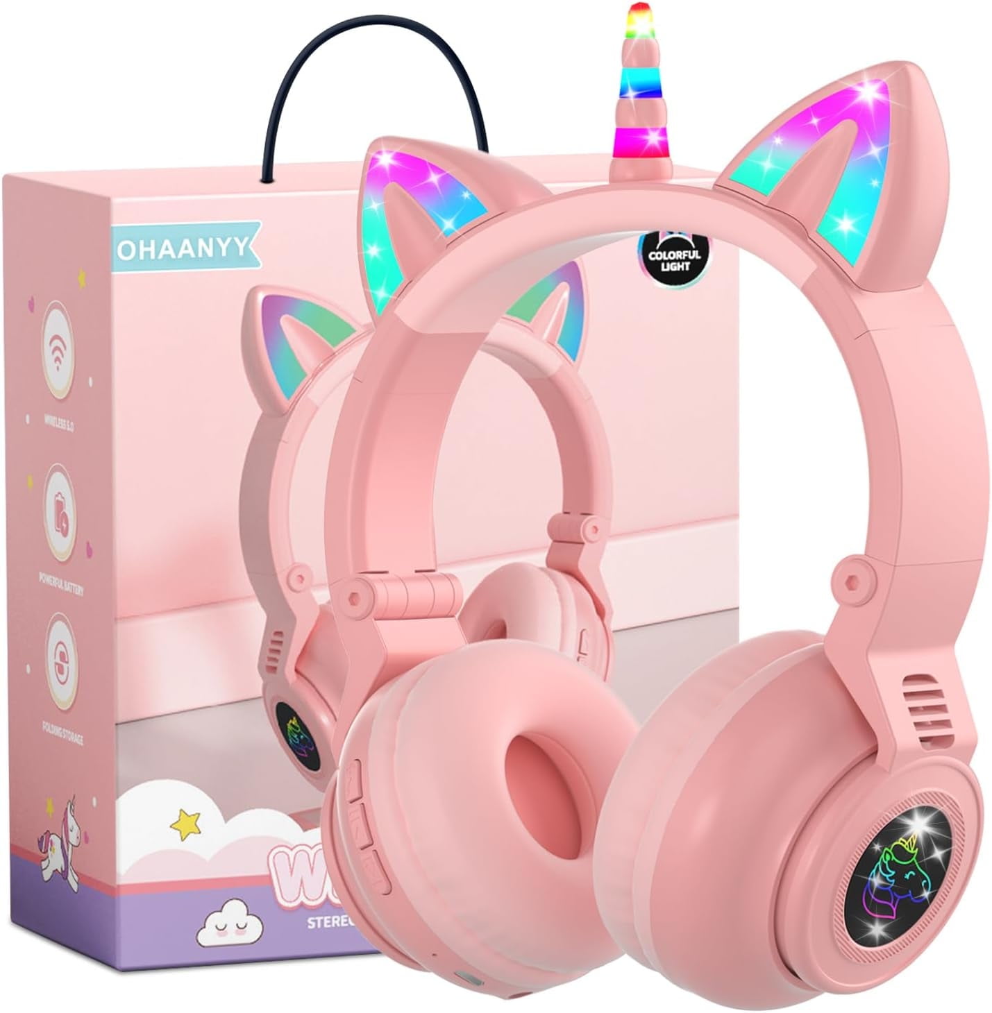 Unicorn Kids' Bluetooth Headphones,Foldable Wireless Headphones for Children with Cable and Microphone Earphones Volume Control,Unicorn-Inspired Gift Design for Birthday Gift & Christmas (pink)