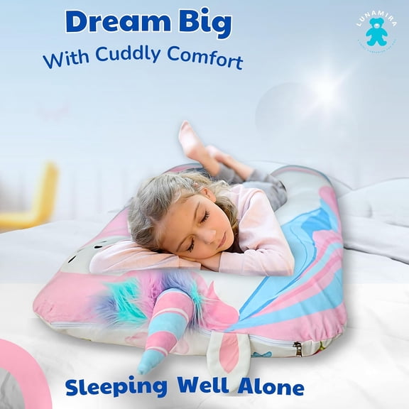 Unicorn Kids Body Pillow - 47" U-Shape Long Plush Soft Animal Pillow for Toddlers, Sleeping, Reading, ADHD & Special Needs Comfort, Anxiety, Washable Cover, Snuggle Cuddle for Boys & Girls