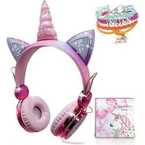 Qearfun Unicorn Kids Cat Ear Headphones for Girls Toddler Children Teens, Kids Wired Headphones with Microphone 3.5mm Jack, over on Ear Headset for School Unicorn Gift for Girls