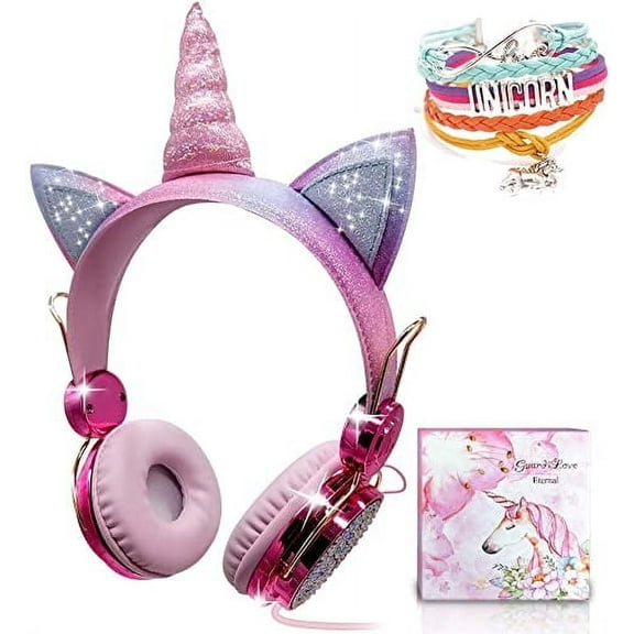 Qearfun Unicorn Kids Cat Ear Headphones for Girls Toddler Children Teens, Kids Wired Headphones with Microphone 3.5mm Jack, over on Ear Headset for School Unicorn Gift for Girls