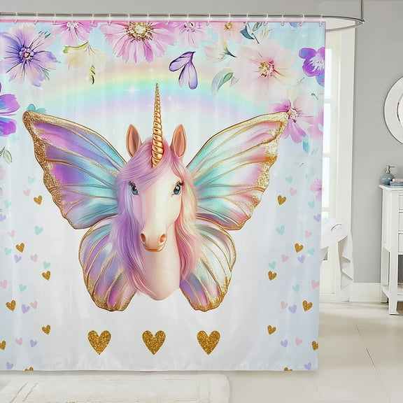 Unicorn Fabric Shower Curtain, Butterfly Shower Curtain Unicorn Bathroom Decor, Gold Love Heart Bathroom Shower Curtain Sets Dreamy Horse Magical Animal Bath Curtain 72" W X 78" L