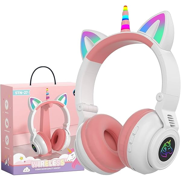 Unicorn Kids Headphones for Girls,Unicorn Bluetooth Headphones Foldable for Girls Toddlers Tablet/pad/Amazon fire,Light Up Kids Wireless Headphone Birthday Gifts (White Pink)