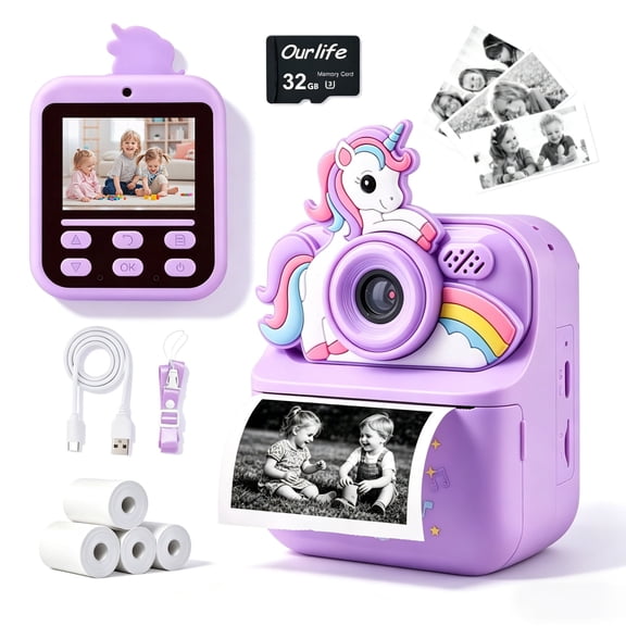 MOMOTER Unicorn Kids Instant Print Camera, 2.4" Screen, 1080P Digital, Selfie Video MP3 Games, 32GB Card, 4 Paper Rolls, Toy Gift Purple