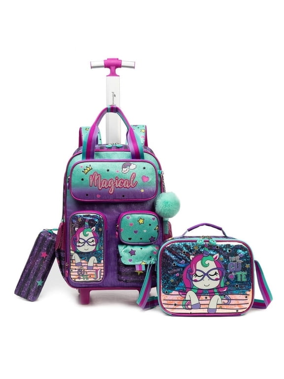 Unicorn Kids Rolling Backpack for Girls Cute Roller Backpacks with Wheels Wheeled Bookbag with Lunch Box Pencil Case for Elementary 10-12