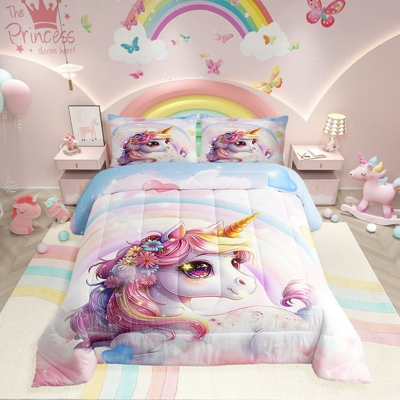 Unicorn King Bedding Set Comforter Set Cute Rainbow Unicorn Quilt Comforter Cartoon Kawaii Duvet Comforter Galaxy Stars Fantasy Unicorn Decor