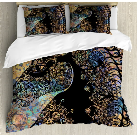 Unicorn King Size Duvet Cover Set, Fairytale Unicorn Profile with Ethnic Circular Mandala and Flower Boho Motif Artwork, Decorative 3 Piece Bedding Set with 2 Pillow Shams, Multi, by Ambesonne