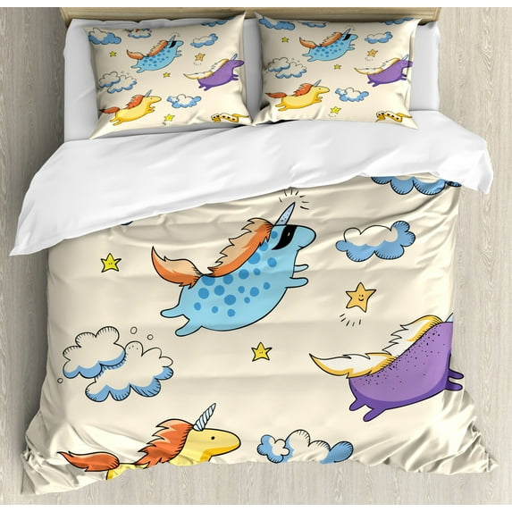 Unicorn King Size Duvet Cover Set, Pastel Colored Illustration of Several Flying Pony Baby Unicorns in the Air Artwork, Decorative 3 Piece Bedding Set with 2 Pillow Shams, Multi, by Ambesonne