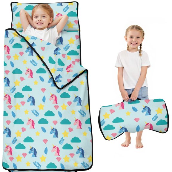 Unicorn and Leaf Blue Pattern Kids Nap Mat, Preschool Sleeping Pad with Handle & Fastening Straps, Easy Roll Up Gifts for Toddlers Kids Boys Girls,50"x20"
