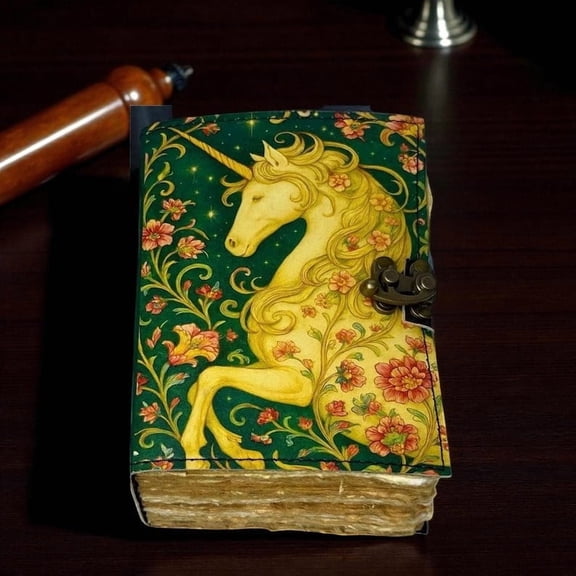Unicorn Leather Grimoire – Celestial Spell Book of Shadows, 200 Pages Vintage Witchcraft Spellbook, Wiccan Pagan Gothic Witchy Gift