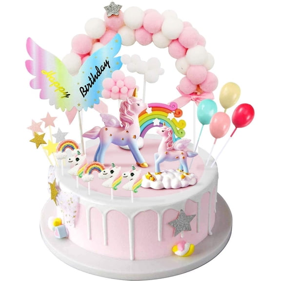 Unicorn , Magic Unicorns Sculpture, Pink Hairball Arch, Rainbow, Wings Birthday Banner, Cloud, Balloon, Stars, Little Unicorn Rainbows, Cake Decoration For Girl Kid Women Party