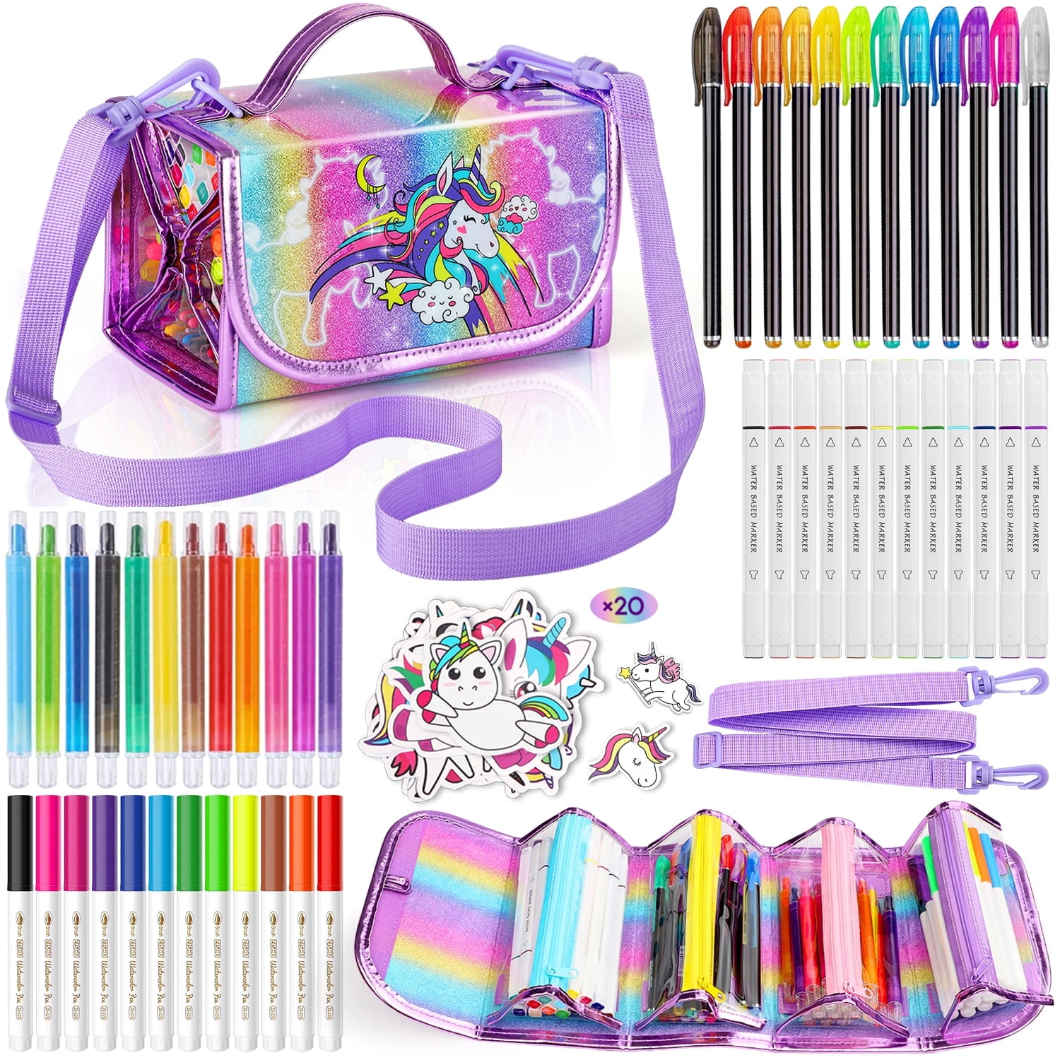 Hot Bee Unicorn Marker Set for Kids 4-6-8, 67 Pcs Pencil Case with Scented Washable Pens, Unicorn Stickers, Twistable Crayons, School Art Supplies Creative Christmas Gift Toys for Girls Boys 3+