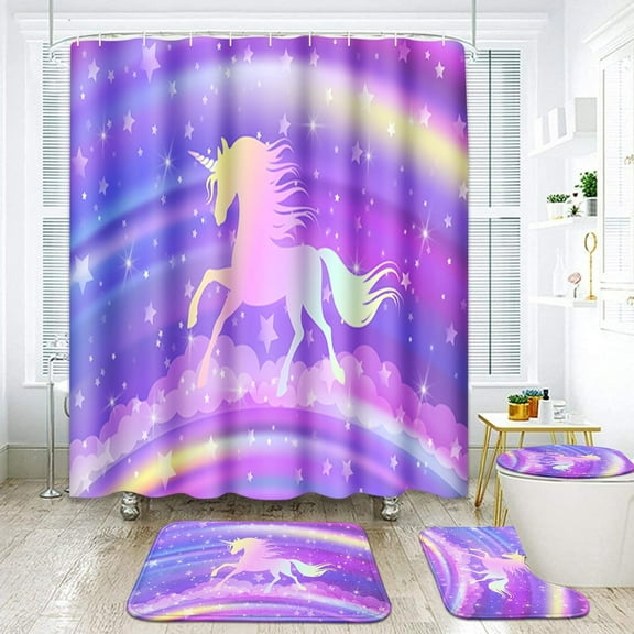 Unicorn Mermaid Bathroom Set with Shower Curtain and Rugs Accessories, Kids Girl Sea Beach Shower Curtain for Bathroom, Fantasy Ocean Pink Rainbow Bathroom Decor 4 Pcs 70.8x70.8in