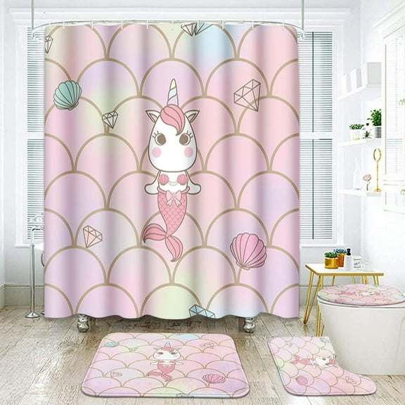 Unicorn Mermaid Bathroom Set with Shower Curtain and Rugs Accessories, Kids Girl Sea Beach Shower Curtain for Bathroom, Fantasy Ocean Pink Rainbow Bathroom Decor 4 Pcs 70.8x70.8in