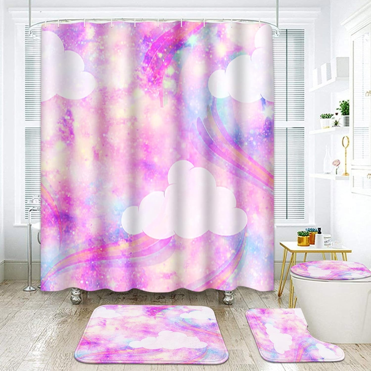 Unicorn Mermaid Bathroom Set with Shower Curtain and Rugs Accessories, Kids Girl Sea Beach ...