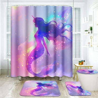 Unicorn Mermaid Rainbow Bathroom Sets with Shower Curtain and Rugs and Accessories, Colorful Gradient Shower Curtain Sets, Pink Girl Shower Curtains for Bathroom,Modern Bathroom Decor 4 Pcs