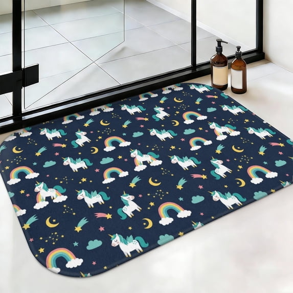 Unicorn and Moon Blue Pattern Non-Slip Bath Mat, Entryway Door Rug with ...