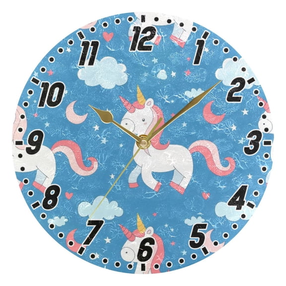 Unicorn Moon Cloud Round Wall Clock Battery Operated Silent Non-Ticking Bedroom Office Kitchen Home School Decor 10"(Gold)