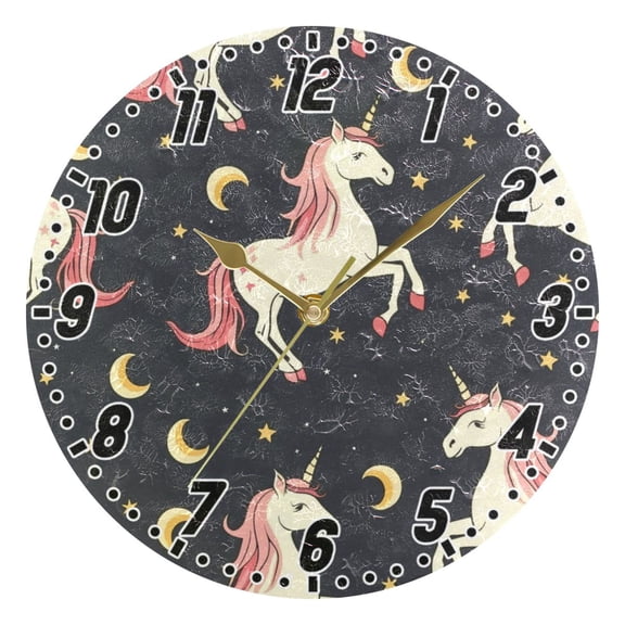 Unicorn Moon Star Round Wall Clock Battery Operated Silent Non-Ticking Bedroom Office Kitchen Home School Decor 10"(Gold)