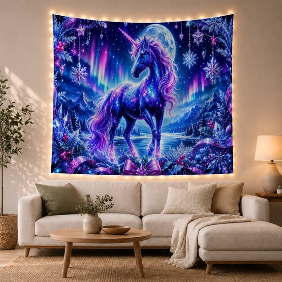 Unicorn Under Moonlit Northern Lights Mystical Fantasy Style for Unicorn Lovers Winter Wall Decor Christmas Gift Tapestry Wall Hanging for Bedroom, Nursery and Dorm