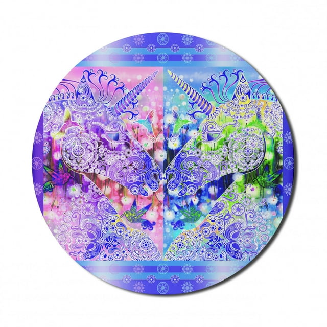 Unicorn Mouse Pad for Computers, 2 Myhtical Horses Facing Each Other Floral Ornament Framework Birds Spring Nature, Round Non-Slip Thick Rubber Modern Mousepad, 8" Round, Multicolor, by Ambesonne