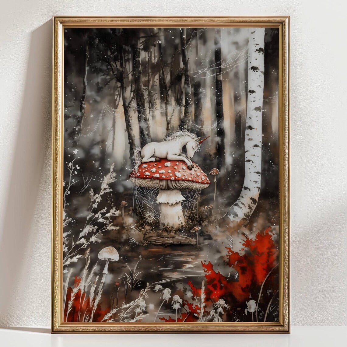 Unicorn On Mushroom Art Print, Whimsical Fantasy Forest Wall Decor ...