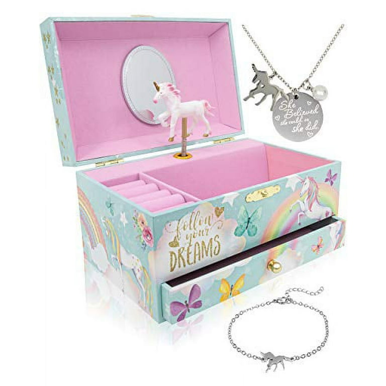 Yaomiao Girls Jewelry Set Unicorn Necklace Bracelet Set with Earrings and Ring Girls Jewelry Set for Little Girl with Present Box Valentines