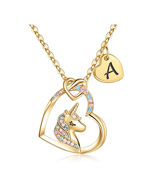 14K Gold Plated Colorful Cz Initial Unicorn Heart Pendant Necklaces Women Jewelry Trendy Birthday Teacher Appreciation Mothers Day Graduation Gifts for Her Mom Kids Teen Girls Wife Ideas