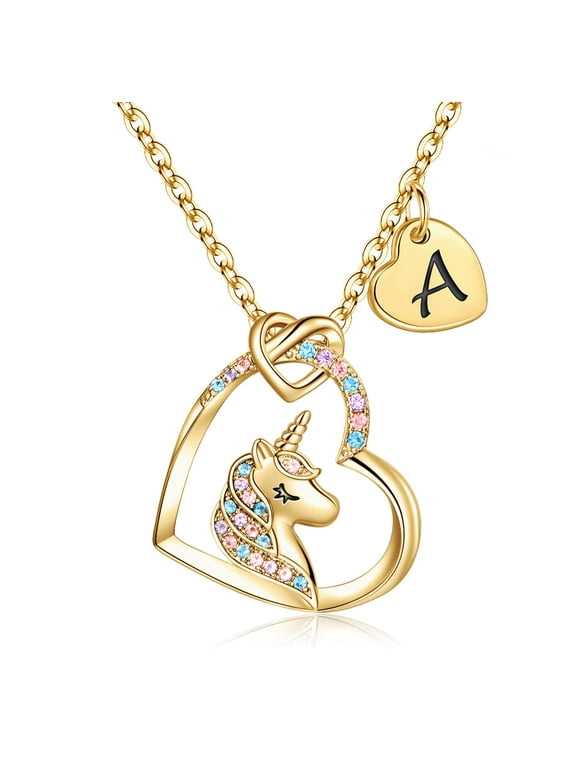 14K Gold Plated Colorful Cz Initial Unicorn Heart Pendant Necklaces for Teens Little Girls Daughter Kids Jewelry Birthday Valentines Day Gifts for Kids Her Women Girls